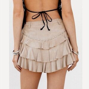 Understated Leather Frill Suede Ruffle Tiered Studded Tan Mini Skirt Size Large